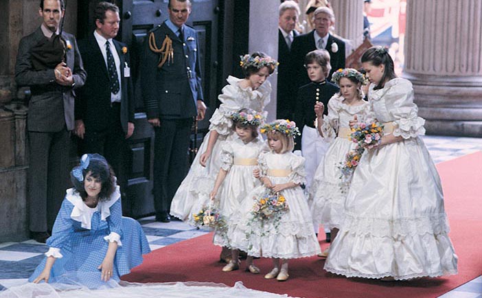 The choice of bridesmaids and pages fell on sons and daughters of relatives and friends of Prince Charles. Lady Sarah Armstrong-Jones, right, was one of the bridesmaids.