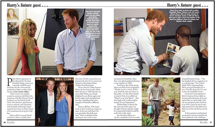 (Below left) June 2016. Just good friends as Prince Harry and Joss Stone meet during rehearsals of the Basotho Youth Choir at the Brit School ahead of a performance at the Sentebale Concert. (Below) May 2014. Harry and Joss at the summer party to mark the 10th anniversary of HRH’s Sentebale charity. (Below right) Prince Harry looks at photos with Lesothan Relebohile ‘Mutsu’ Potsane at the Brit School. (Below) March 2004. An iconic moment for Harry’s Sentebale charity as HRH and Mutsu, then aged 4, plant a peach tree together at the Mants’ase Children’s Home for orphans near Mohale’s Hoek, Lesotho.